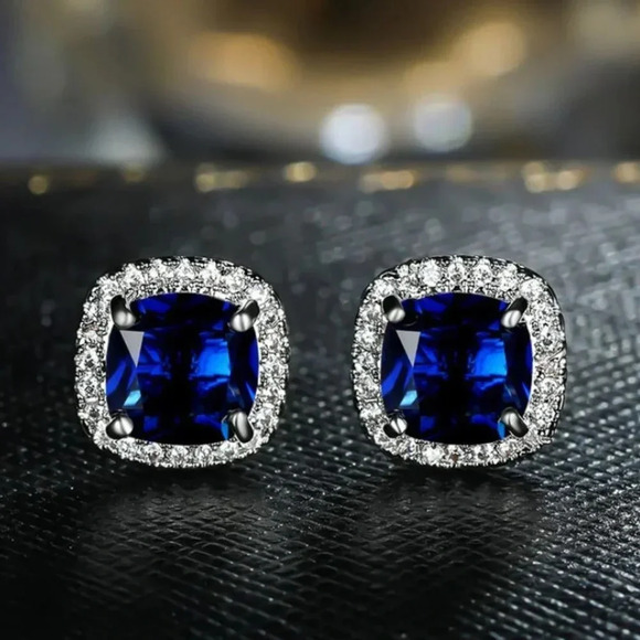 18k White Gold Sapphire Diamond Halo Earrings - Picture 5 of 5
